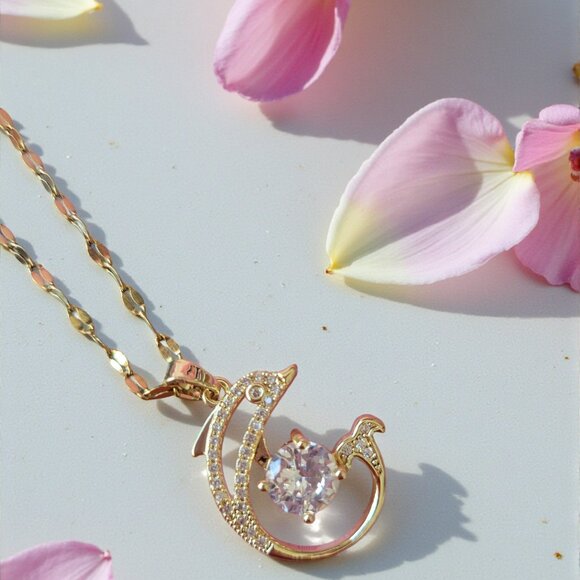 Golden River Designs Jewelry - 18K Gold Plated Zircon Dolphin Necklace